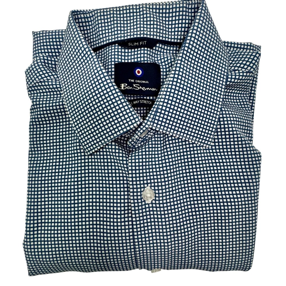 Ben Sherman‎ Mens Slim Fit All Way Stretch Micro Check Button Down Shirt Blue M
